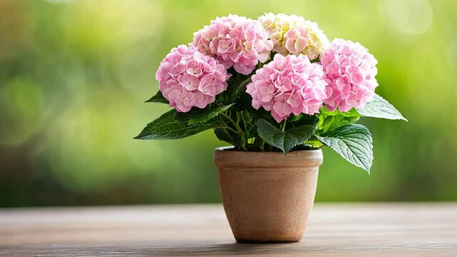 Beautiful pink hydrangeas in a decorative pot