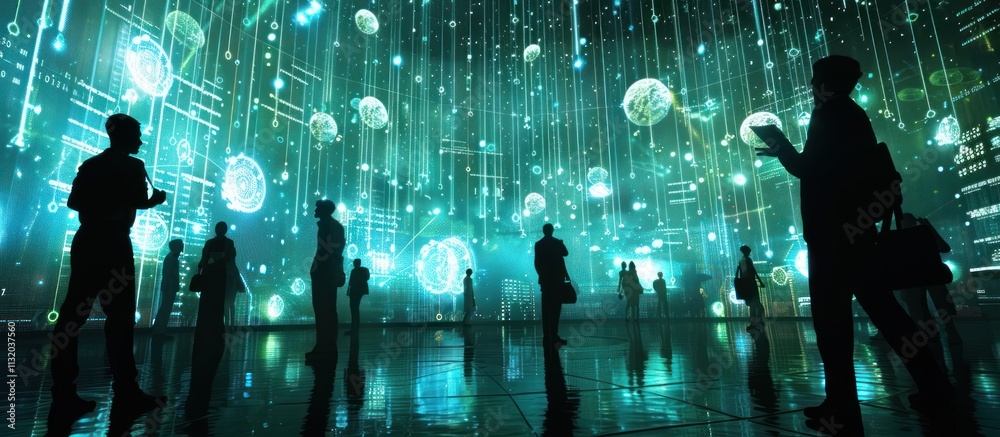 Wall mural silhouetted figures in a futuristic, data-driven environment.