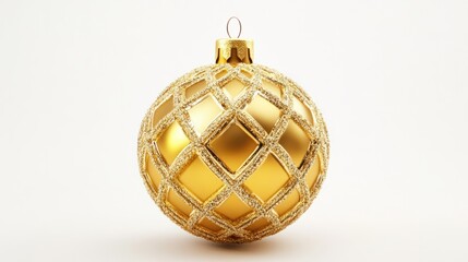 A golden Christmas ball with an intricate lattice design, shimmering against a clean white background