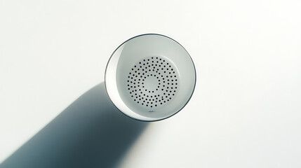 Minimalistic shot of a kitchen colander, centered and highlighted on a bright white surface 