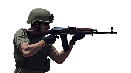 Operations Forces Military Soldier with AK assault rifle isolated on white background.