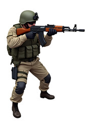 Operations Forces Military Soldier with AK assault rifle isolated on white background.