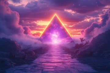 vibrant retro futuristic pyramid in purple and orange sunset lights on a surreal desert landscape