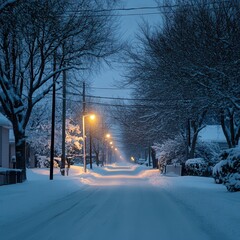 a Michigan street covered in fresh snow. The snow creates a peaceful landscape, with the soft glow of streetlights illuminating the surroundings.