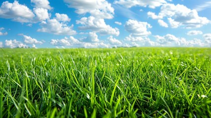 Fototapeta premium Lush Green Grass Field Under a Sunny Blue Sky with Fluffy Clouds