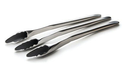 Stainless steel kitchen tongs with silicone tips, placed on a bright white background 