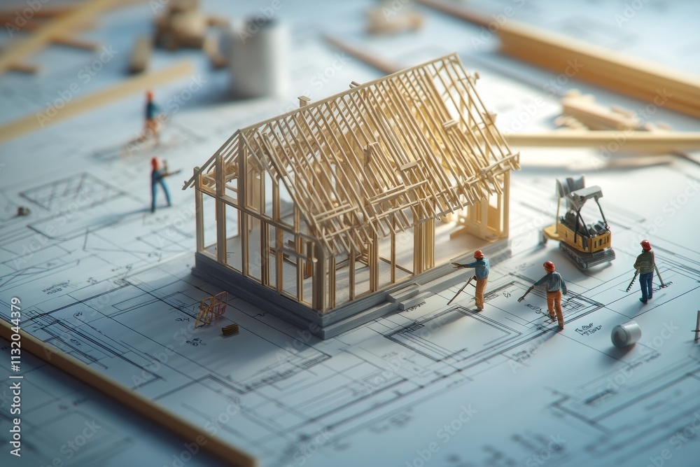 Poster miniature house under construction on blueprints with workers and tools.
