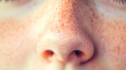 Fototapeta premium Close up of red irritated nose, emphasizing the discomfort and struggle of allergies or cold symptoms, highlighting the human vulnerability and resilience in the face of common ailments