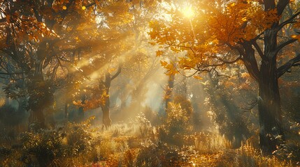 Fototapeta premium Golden Sunlight Illuminating an Autumnal Forest Scene