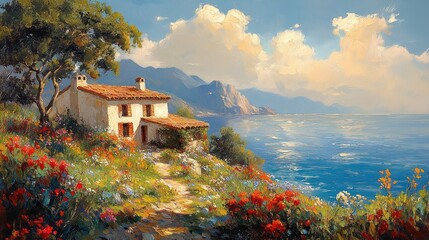 Impressionist Oil Painting of a Cozy Cottage by the Seaside with Lush Greenery and Colorful Flowers Under a Dynamic Sky © zong