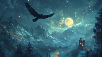 Majestic Eagle Soaring Above a Mystical Winter Castle