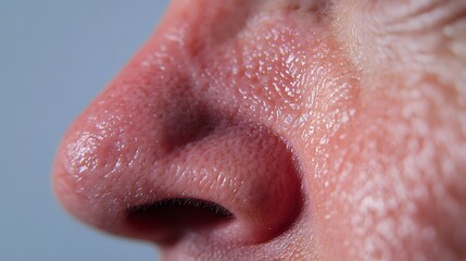 Fototapeta premium Close up of red irritated nose, emphasizing the discomfort and struggle of allergies or cold symptoms, highlighting the human vulnerability and resilience in the face of common ailments