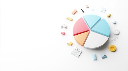 Colorful pie chart surrounded by various office supplies on a clean white background, representing data analysis, business strategy, and creative planning concepts.