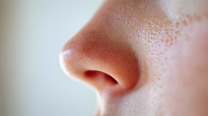 Close up of red irritated nose, emphasizing the discomfort and struggle of allergies or cold symptoms, highlighting the human vulnerability and resilience in the face of common ailments