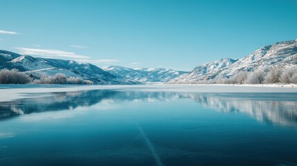 Obraz premium Frozen lake reflecting snow-capped mountains under a clear blue sky.