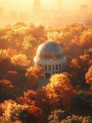 Obraz premium the city observatory nestled among autumn trees, with a warm golden light highlighting the vibrant foliage