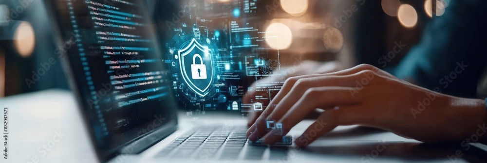 Poster modern cybersecurity concept with hands typing on laptop displaying lock symbol and digital security