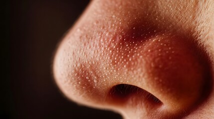 Fototapeta premium Close up of red irritated nose, emphasizing the discomfort and struggle of allergies or cold symptoms, highlighting the human vulnerability and resilience in the face of common ailments