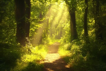 Obraz premium Sunlit Path in a Lush Green Forest