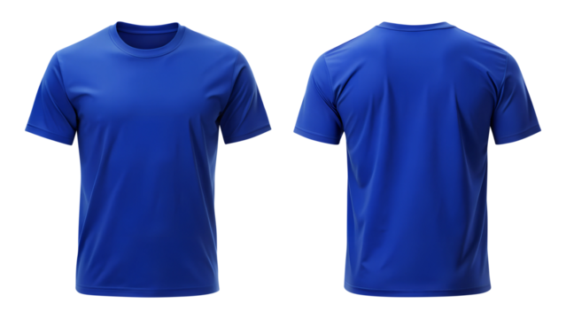 royal blue blank t shirt template from two sides isolated on transparent white background, clipping path