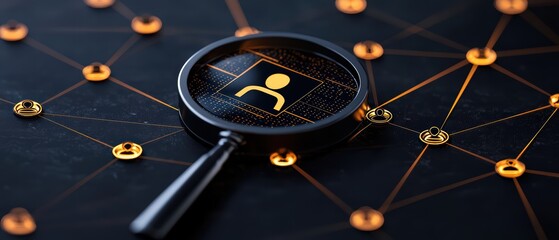 A magnifying glass highlighting a user icon amidst a network of connections, symbolizing digital search and analysis.