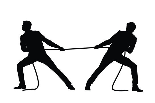 Silhouette of two men tugging on a tug of war