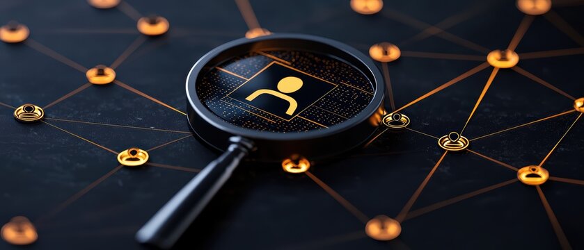 A magnifying glass highlighting a user icon amidst a network of connections, symbolizing digital search and analysis.