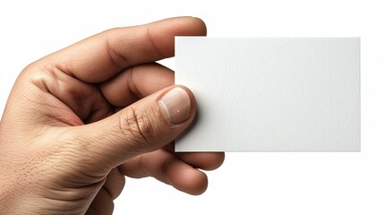 Fototapeta premium A hand holding a blank white card, isolated on white background.
