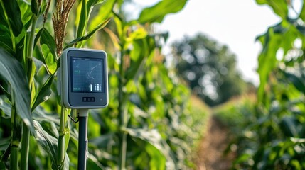A sensor device in a cornfield, monitoring agricultural conditions.