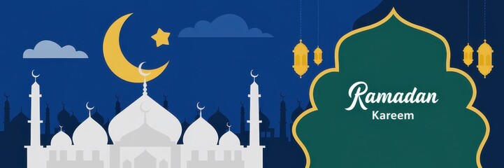 Ramadan Kareem - Night Landscape with Mosque and Crescent Moon