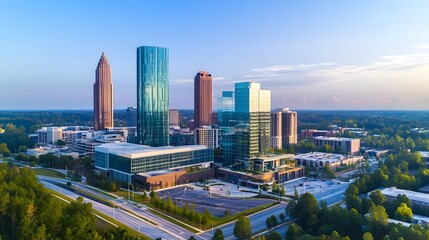 Fototapeta premium Business district buildings exterior showcasing modern architecture and urban landscape, symbolizing progress and innovation in city development