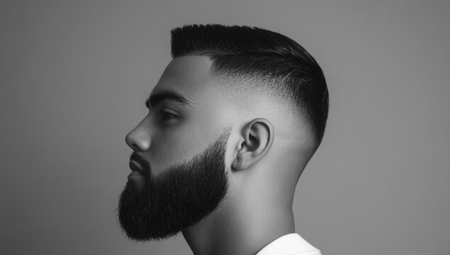 Side view of an attractive man with dark hair and beard, sporting a sleek high-fade haircut.