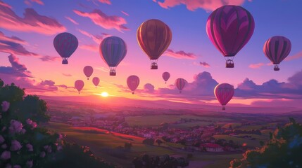 Fototapeta premium Vibrant sunset over a picturesque town with numerous hot air balloons gracefully floating in the sky.