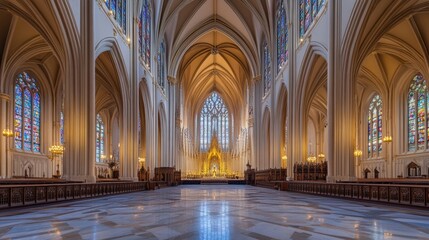Obraz premium Grand cathedral interior with towering stained-glass windows and intricate stone carvings