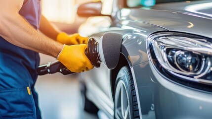 A car detailing specialist polishes a silver car with an electric buffer in a professional shop.