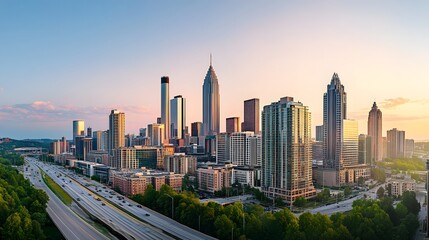 Naklejka premium Business district buildings exterior showcasing modern architecture and urban landscape, symbolizing progress and innovation in city development