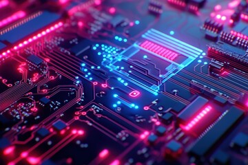 Obraz premium Close-up of vibrant circuit board; pink and blue glowing lines. Illustrates technology, innovation, and high-tech concepts; ideal for tech websites.