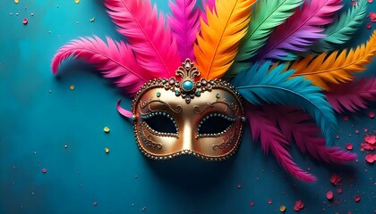 The image is a digital illustration of a carnival mask on a blue background. The mask is gold in color with intricate details and a crown on top.
