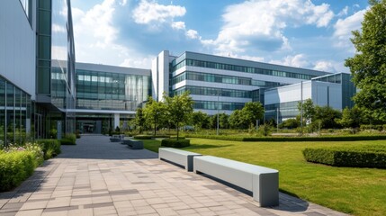 Obraz premium Large hospital complex with sleek, modern architecture and landscaped gardens
