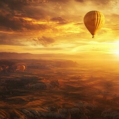 Fototapeta premium a hot air balloon over Cappadocia at sunset. The golden hues of the sunset paint the landscape in warm tones