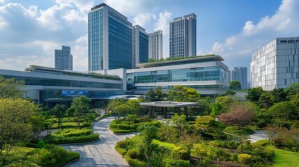 Obraz premium Large hospital complex with sleek, modern architecture and landscaped gardens