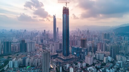 Naklejka premium Sunset aerial view of a city with skyscrapers under construction.