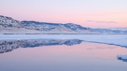 Fototapeta premium Peaceful Lake and Snowy Mountain Sunrise for New Beginnings, Fresh Start and Sunrise Themes, New Year's day, New Year's Eve 