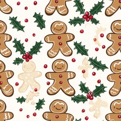 Naklejka premium Seamless pattern of gingerbread men and holly leaves