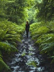 Fototapeta premium a woman on a muddy path lined with lush ferns, her figure blending harmoniously with the natural surroundings
