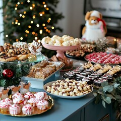 Fototapeta premium Pet Holiday Party with Festive Treats and Decorations Pet-Friendly Holiday Scene, Pet-Friendly Holiday Scene, Happy Christmas day, Winter vibe 