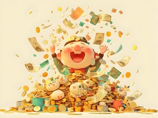 Enthusiastic 3D Cartoon Character Joyfully Counting and Sorting Large Pile of Coins and Cash