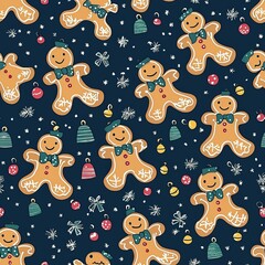 Seamless pattern of gingerbread men with bells