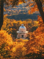 Obraz premium the city observatory framed by a vibrant autumn forest, the observatory's dome glistening in the golden light of the season.