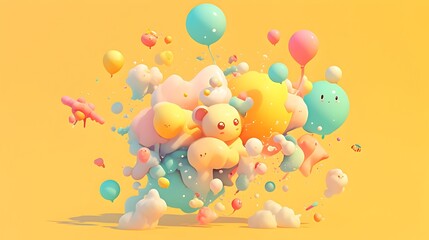 Whimsical Anthropomorphic Animal Characters in Fantastical Inflation Landscape with Bright Pastel Palette